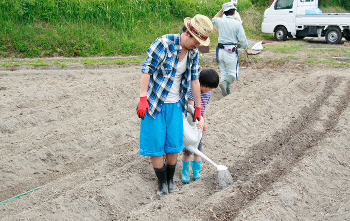 ポップコーンの種を蒔いた上に土を被せ、そこに水をかけます。